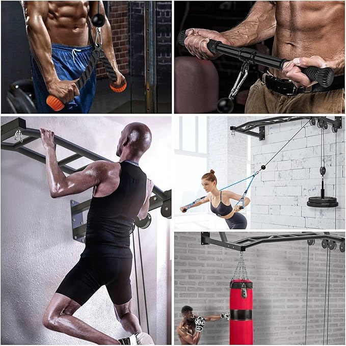 SELEWARE 48'' Heavy Duty Pull Up Bar Wall Mount Multi-function Chin up Bar with Home Gym Cable Pulley System LAT Pulldown Workout Attachments Heavy Bag Hanger