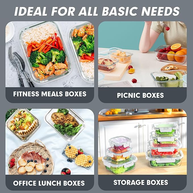 VERONES 30 Pieces Glass Meal Prep Containers Set, Stackable Glass Food Storage Containers with Lids-Airtight Lunch Containers，for Microwave, Oven, Freezer & Dishwasher,White