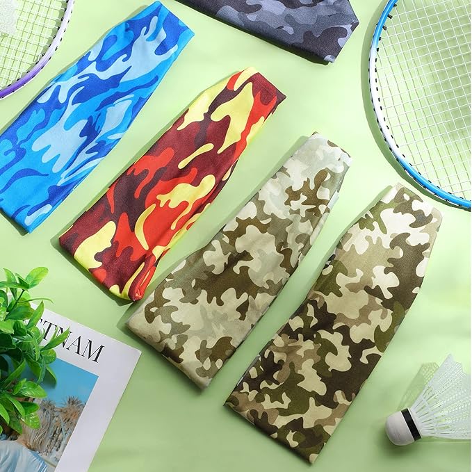 18 Pcs Sports Sweatbands for Men Women Camo Headbands Workout Non Slip Headbands Breathable Head Band Fitness Stretchy Unisex Hairband for Yoga Running Cycling Ball