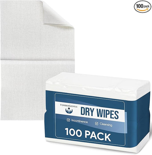 Dry Wipes for Adults - 2 Pack of 100 Unscented Disposable Washcloths - 10" x 13" Non Woven Wipes for Incontinence and Senior Care