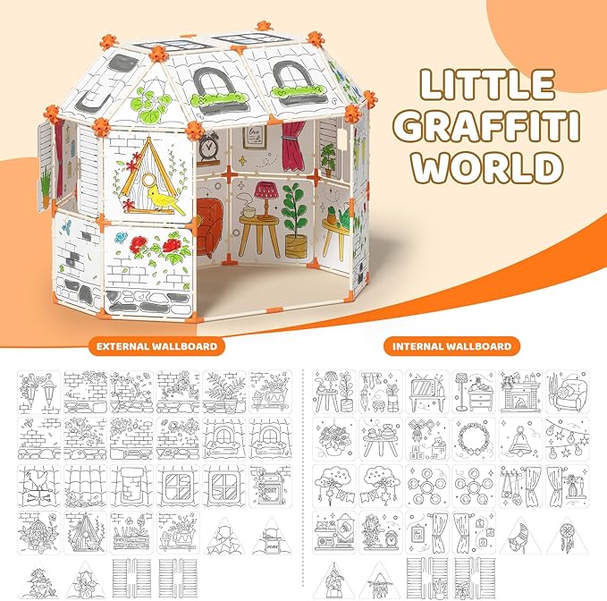 Interactive Kids Doodle Tent, Decorate and Personalize a Cardboard Fort, 328 Pieces Buildable Kids Play Tent, for 3+ Years Old Boys and Girls STEM Building