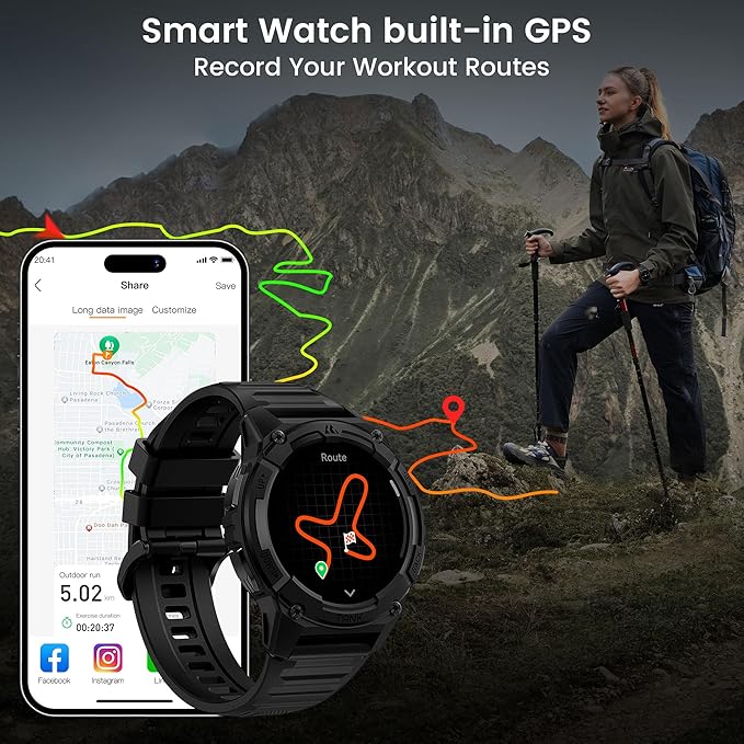 KOSPET Tank S2 Smart Watch for Men Women GPS, 5ATM Waterproof, Pressure/Altitude/Compass, 1.32" AMOLED Display Fitness Tracker(Answer/Make Call), AI Voice Assistant, 24H Sleep/Hear Rate Monitor