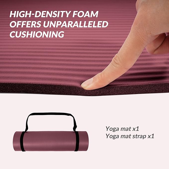 Quality Exercise Yoga Mat, 1/2-Inch Thick High-Density Foam for Full-body workout, Anti-Tear and non-slip Surface, Includes Carry Strap for Home & Studio Workouts,Multiple Options