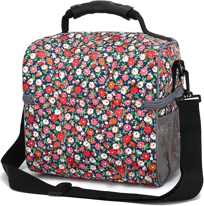 FlowFly Double Layer Cooler Insulated Lunch Bag Adult Lunch Box Large Tote Bag for Men, Women, With Adjustable Strap,Front Pocket and Dual Large Mesh Side Pockets