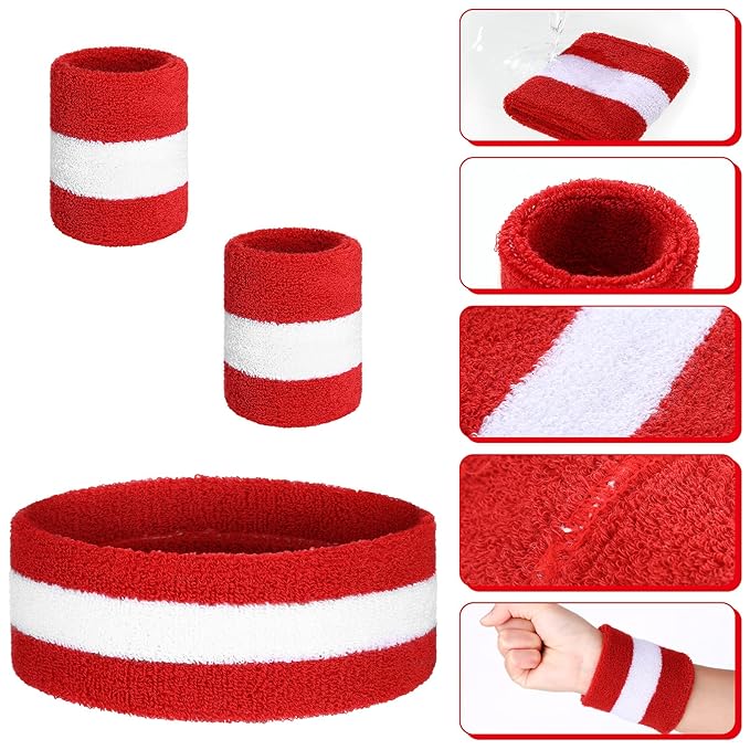 Skylety 5 Pcs Striped Sweatband Sock Set Wrist Sweatband Headband High Striped Headband for Men Women Sports 80s Party(Red and White)