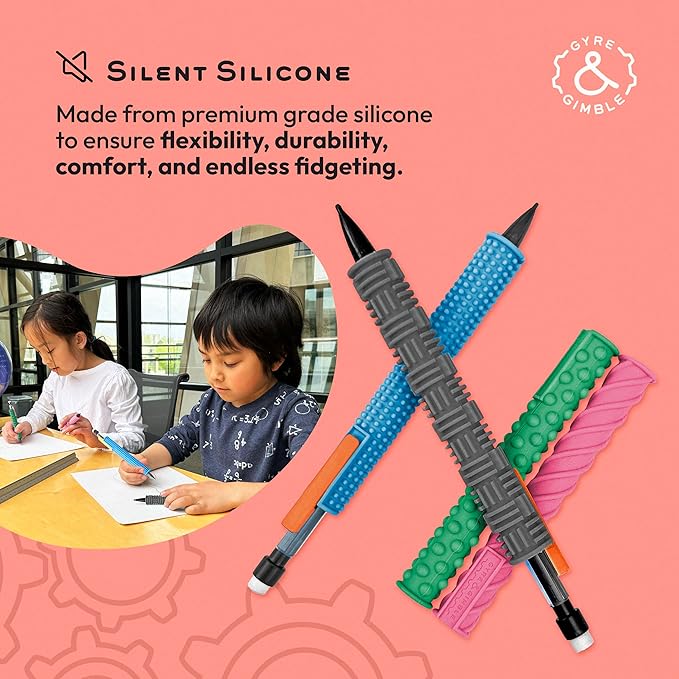 Gyre & Gimble Pencil Gidgets – Textured Silicone Pencil Sleeve for Quiet Fidgeting – Transform Your Mechanical Pencil into a Sensory ADHD Tool for Kids and Adults – 4 Sleeves & 2 Pencils