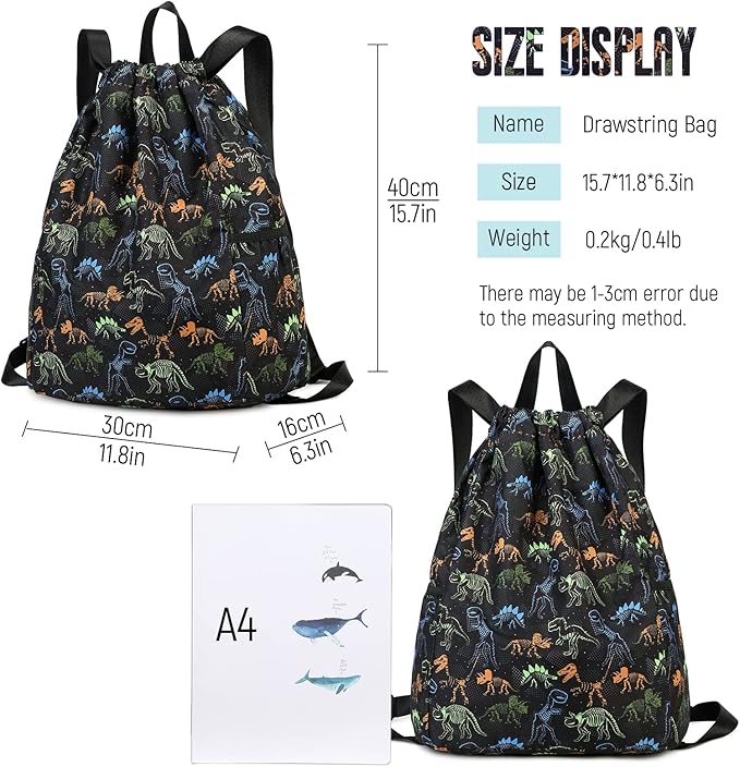 Dinosaur Drawstring Backpack Bulk for Kids Girls Boys Gym Dance String Bags Water Resistant Lightweight Colorful Skeleton Dinosaurs Black