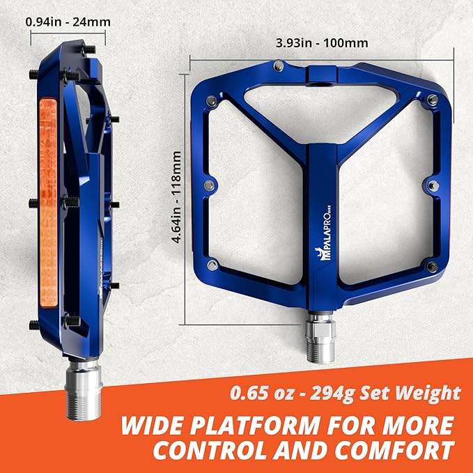 Flat Bike Pedals with Reflectors CNC Aluminium 9/16” – MTB Pedals with Extra Wide Platform and Removable Anti-Slip Pins – Lightweight Pedals for Mountain Bike & Road Bike 294 g