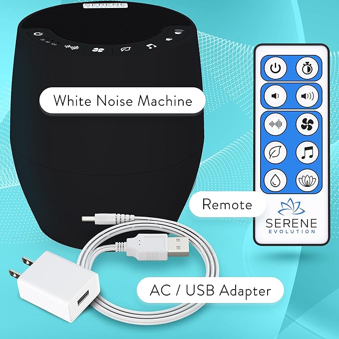 Serene Evolution White Noise Machine for Adults Sleeping - Sound Machine for Sleep with 60 Soothing Sounds of Ocean, Fan, Rain, and More - Noise Machine for Office Privacy and Baby Sleep Aid - Black