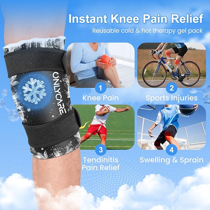 Knee Ice Pack, ONLYCARE Soothing Knee Compression Sleeve for Injuries, Upgraded Gel Cold Wrap, Hot & Cold Therapy, Reusable for Meniscus, Arthritis, ACL, MCL Pain Relief, Injury Recovery (M)