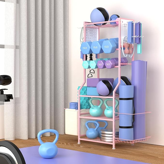 Dumbbell Rack, Home Gym Storage for Kettlebells, Yoga Mat & Strength Training Equipment, Weight Rack With Peg Board Organizer, Workout Gym Equipment Storage