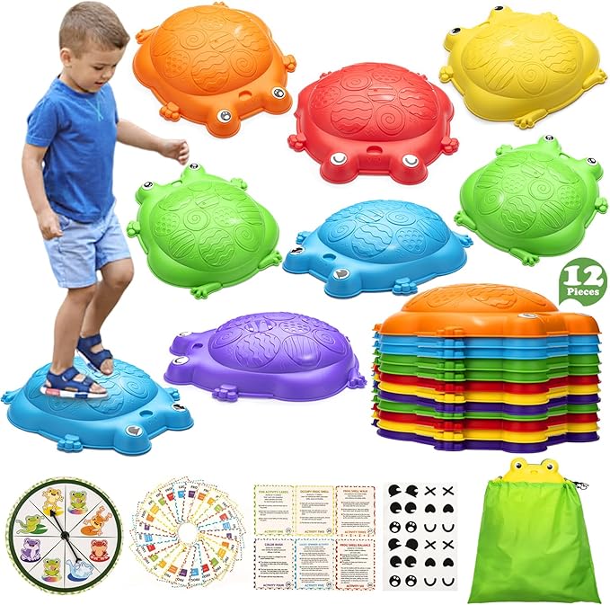 Stepping Stones for Kids Outdoor Toys for Toddlers 3-5 12 Pcs Frog Balance Step Stone Up to 265lbs Indoor Outdoor Toy for Kids Obstacle Course Sensory Toys for Toddler Ages 3-8 Gift for Boys Girls