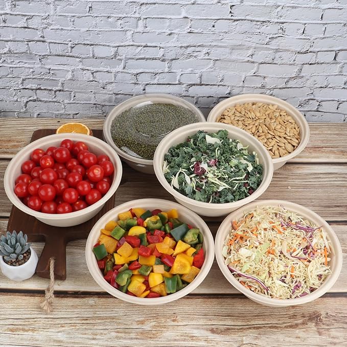 40 oz Disposable salad bowls with lids,Sugarcane Fiber Paper Bowls take away food containers Bagasse Plant Fibers Freezer Safe 25 Pack