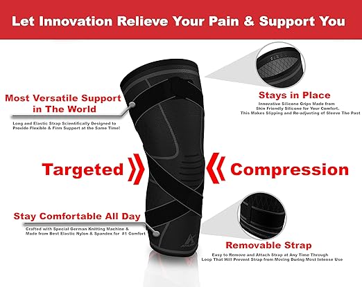 Knee Brace Compression Sleeve with Strap for Best Support & Pain Relief for Meniscus Tear, Arthritis, Running, Basketball, MCL, Jogging and Post Surgery Recovery for Men & Women (Black, 3XL)