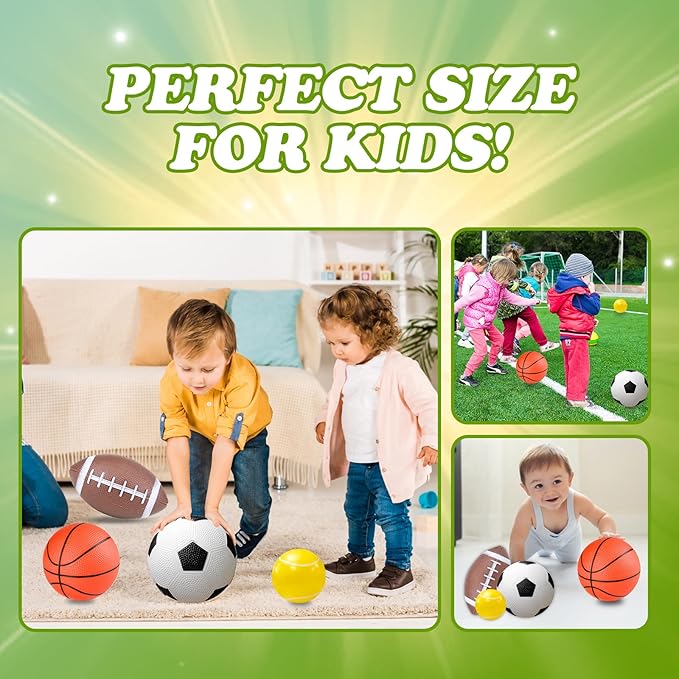 Hymaz 4PCS Sports Balls for Kids Toddlers, Playground Balls with Pump Includes Rugby Football Soccer Basketball Tennis Ball, Throwing Kickballs Toys Stocking Stuffers Birthday Gift for Boys Girls