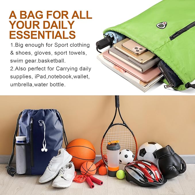 BeeGreen Lime Drawstring Backpack Gym Bag For Men & Women – Sports Sackpack with Mesh Water Bottle Holder & 2 Zippered Pockets – Large 16x20 Inch Cinch String Backpack Workout Bag for Running, Travel