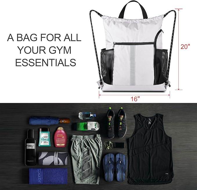 BeeGreen White_Drawstring_Backpack_Bag_Sports_Gym_Backpack with Shoe Compartment and Two Water Bottle Holder for Men Women Large String Athletic Sackpack Workbag White