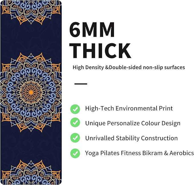 nuveti Yoga Mat Print Extra Thick TPE Non Slip Fitness Exercise Mat with Carrying Bag,72"x24" Extra Thick 6MM Exercise & Workout Mat for Yoga, Pilates Fitness and Floor Exercises