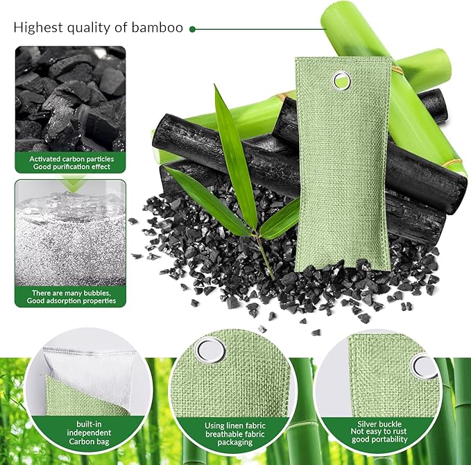 4 Pack charcoal odor absorber,Bamboo Charcoals Air Purifying Bag Charcoals Deodorizer Eliminator for Strong Odors in Car, Closet, Shoe, Basement (75G*4 Pack Light Green-2, Unscented)