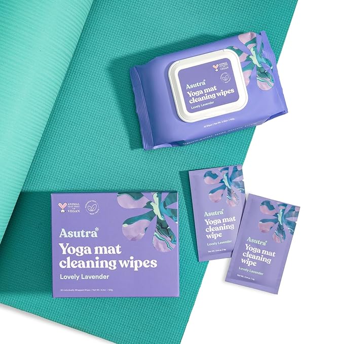 ASUTRA Yoga Mat Cleaning Wipes (Lovely Lavender), Individually Wrapped Wipes, 2 Boxes (30 Each) - No Slippery Residue, Deep-Cleansing for Fitness Gear & Gym Equipment