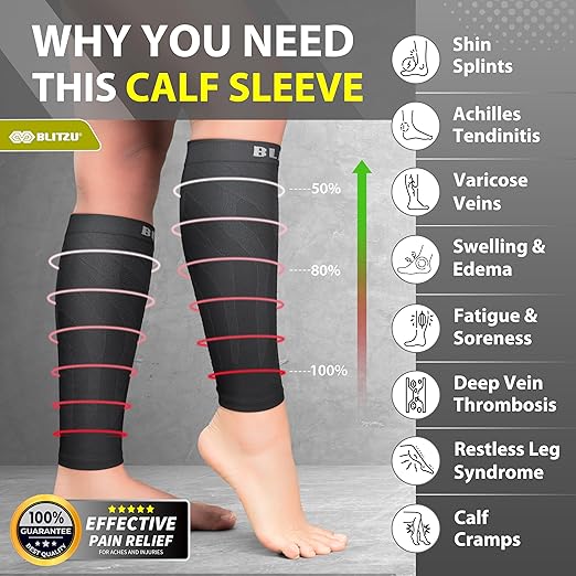 BLITZU 3 Pairs Calf Compression Sleeves for Men and Women. Footless Compression Socks & Leg Support for Running, Travel, Nursing, Fitness. Shin Splints Pain Relief & Reduce Swelling Black 3XL