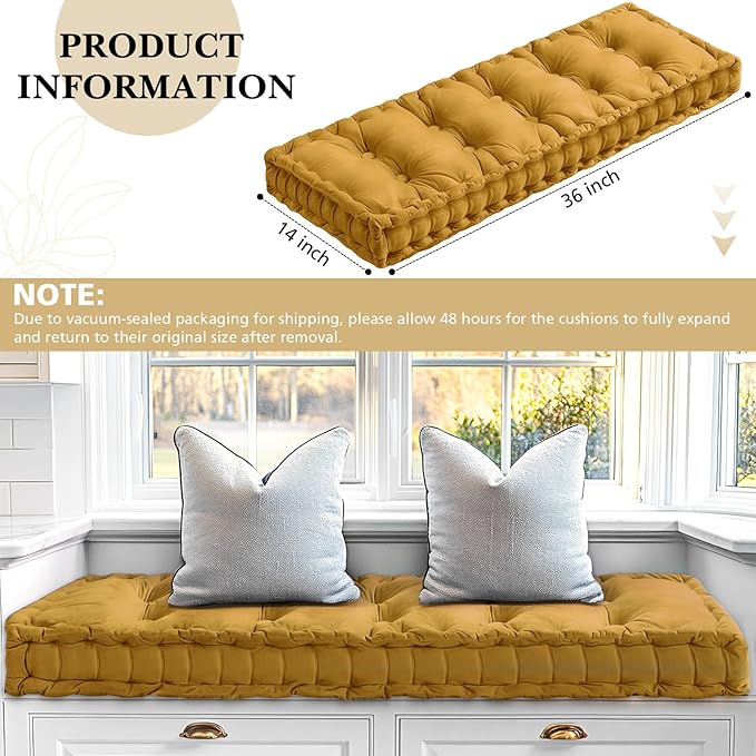 Bench Cushions for Indoor Furniture 36x14 Inch Velvet Kitchen Dining Piano Window Seat Cushion, Tufted Patio Porch Swing Thicken Bench Pad Memory Foam(Yellow)