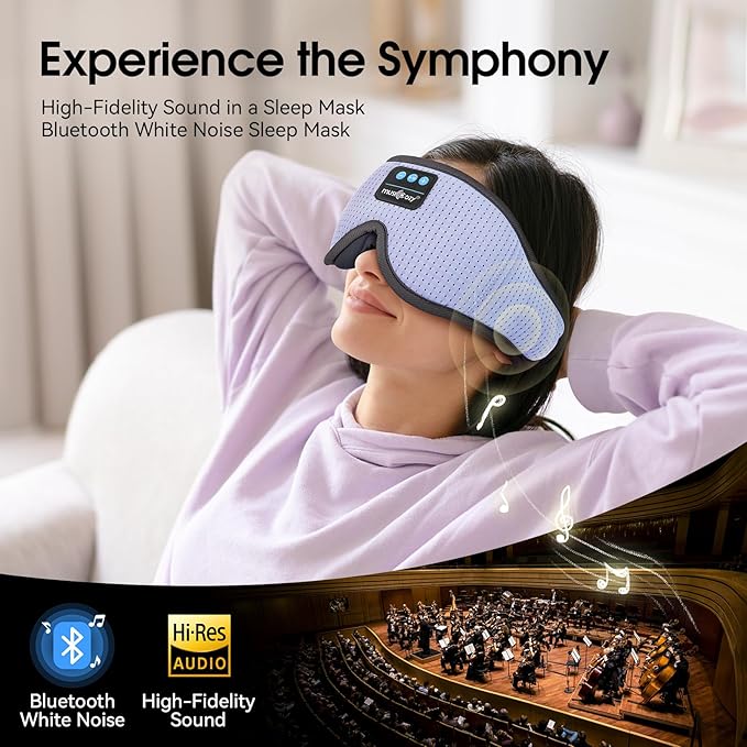MUSICOZY White Noise Sleep Mask Headphones with 16 Soothing Sounds, Bluetooth Sleep Mask 3D Wireless Music Sleeping Headphones for Side Sleeper