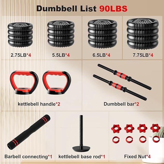 Adjustable Dumbbell Set, 10/20/30/45/70/90lbs Free Weight Set with Connector, 4 in1 Dumbbells Set Used as Barbell, Kettlebells, Push up Stand, Fitness Exercises for Home Gym Suitable Men/Women