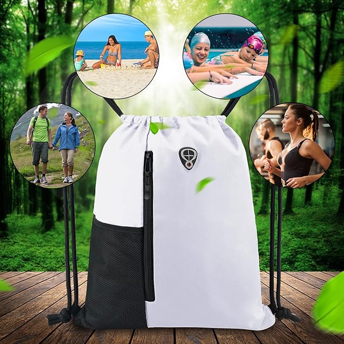 BeeGreen White Drawstring Backpack Gym Bag For Men & Women – Sports Sackpack with Mesh Water Bottle Holder & 2 Zippered Pockets – Large 16x20 Inch Cinch String Backpack Workout Bag for Running, Travel