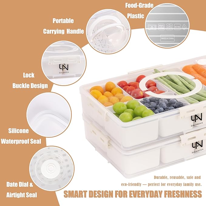 Stackable Snackle Box Container with 2 Lids - BPA-Free Snackle box Organizer, Dishwasher & Microwave Safe Reusable Snacklebox for Veggies, Fruits, Charcuterie, Snacks (White, 2 Pack)