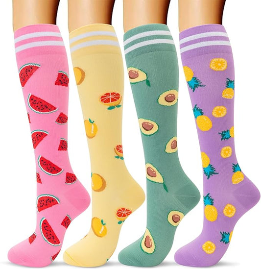 fenglaoda Compression Socks Women Men 4 Pairs, Knee High Support Socks for Running, Sports, Travel, Flight, Nurse