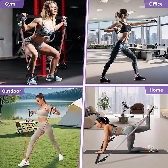 Portable Pilates Bar Kit with Resistance Bands for Men and Women - 3 Set Exercise Resistance Bands - Multifunctional Home Gym - Supports Full-Body Workouts – with Fitness Poster and Video