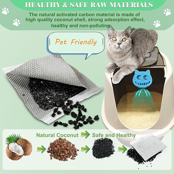 Unscented Cat Litter Box Deodorizer Kit Stick-On Activated Carbon Odor Eliminators Compatible with most manual and automatic litter boxes (4 Refills+ 1 Box) (Blue, Unscented)