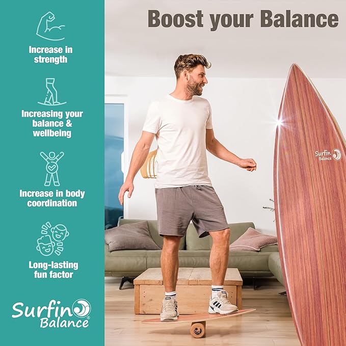 Wooden Balance Board - unique [incl. corc roller, corc hemisphere and balance ball] Balance Board Kids - Balance Boards for Adults - Indo Board Mobo Board Gibbon Board Giboard Slackboard Balancing