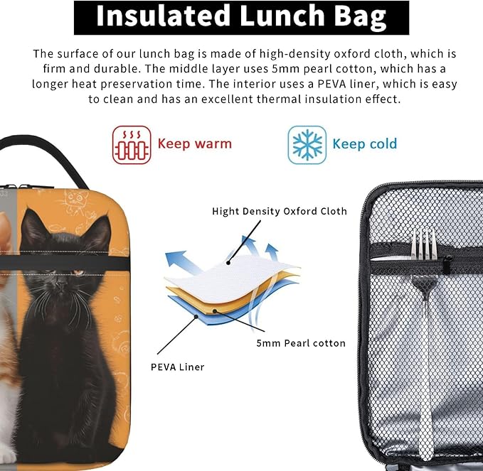 Insulated Lunch Box for Women Men, Yellow and Black Cat Lunch Box Reusable Portable Lunch Bag Cooler Tote Waterproof Lunch Container for Office Picnic Work Travel Hiking