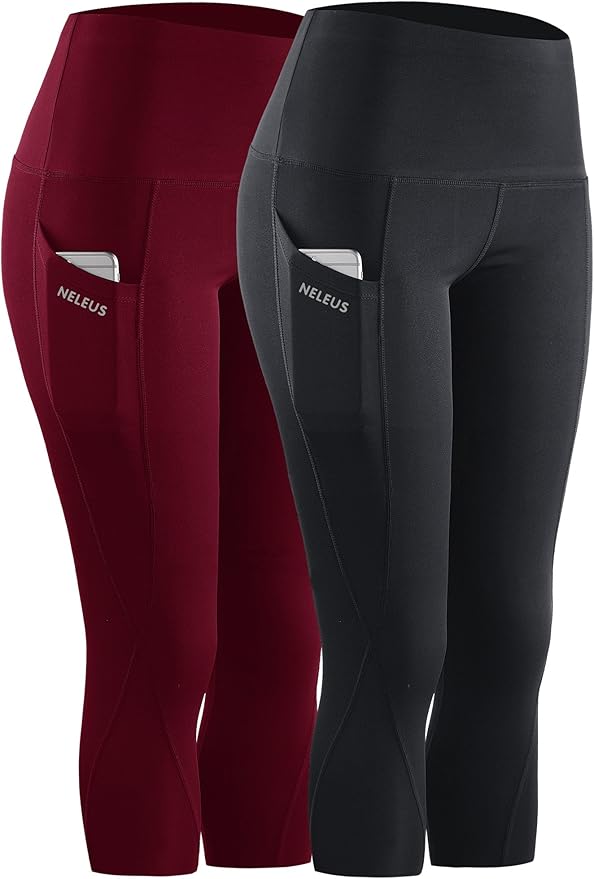 NELEUS Women's Tummy Control High Waist Capri Running Leggings Yoga Pants with Pocket