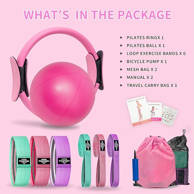 Pilates Essentials Kit for Home Women, Pilates Equipment for Workouts, 6 Fabric Resistance Bands, 12 Inch Magic Circle Yoga Ring, Mini Exercise Ball, Great Exercise Equipment