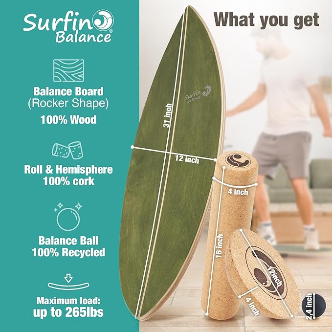 Wooden Balance Board - unique [incl. corc roller, corc hemisphere and balance ball] Balance Board Kids - Balance Boards for Adults - Indo Board Mobo Board Gibbon Board Giboard Slackboard Balancing