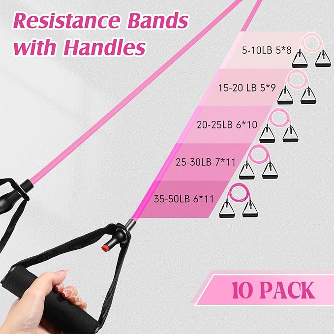 Shappy 10 Pcs Resistance Bands with Handles Exercise Stretch Bands for Exercise Woman Man Training Physical Therapy Workouts Fitness