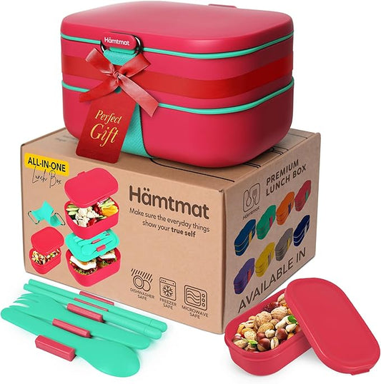 Insulated Stackable Bento Box for Adults with Reusable Chopsticks Japanese Lunch Box Microwavable & Leak Proof Lunch Containers for Men & Women Modern Cute Food Container with Compartments (Red)