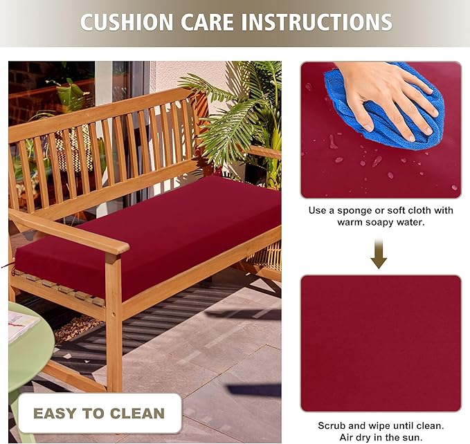 Outdoor Bench Cushion Waterproof 42"x18" – Fade-Resistant Patio Furniture Cushion with Ties for Porch Swing, Loveseat, or Indoor Bench Replacement, Burgundy