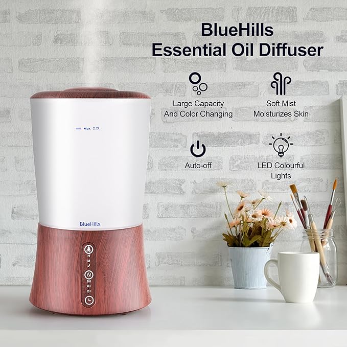BlueHills Large 2000 ML XL Essential Oil Diffuser Aroma Humidifier 2 Liter Capacity for Big Living Room Home Baby Long Run XL Huge Coverage Area High Mist Timer Large Diffuser Dark Wood Grain 2L S3