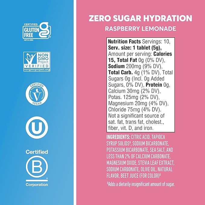 Nuun Zero Sugar Hydration Electrolyte Tablets - Sodium, Potassium, Chloride, Calcium, Magnesium, Light & Delicious Fruit Flavors, No Sugar, Gluten Free, Vegan, Raspberry Lemonade (80 Servings Total)