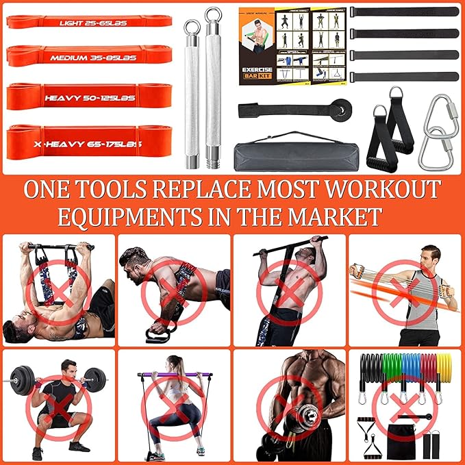 DASKING Resistance Band Bar Set for Home Gym, 500LB Total Resistance with Longer Bar & 4 Stackable Bands, Detachable for Full Body Workouts, Door Anchor, Exercise Guide