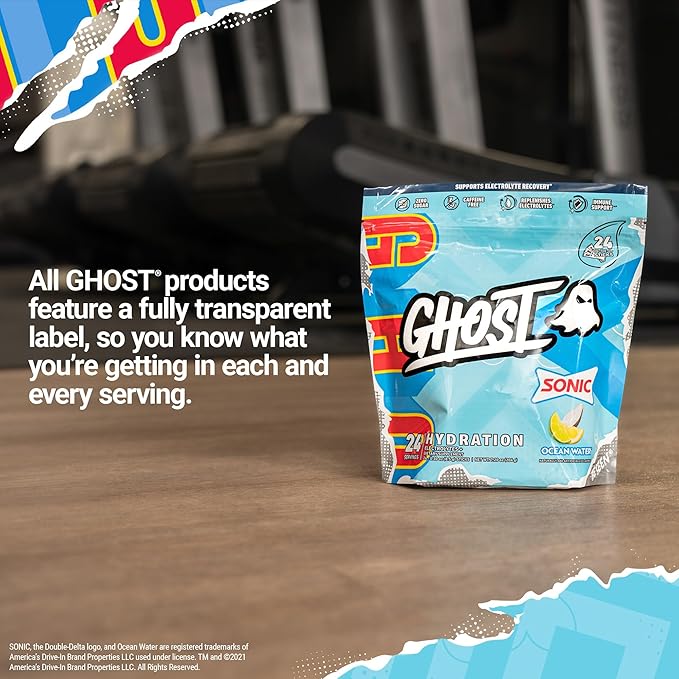 GHOST Hydration Packets, Sonic Ocean Water, 24 Sticks, Electrolyte Powder - Drink Mix Supplement with Magnesium, Potassium, Calcium, Vitamin C - Vegan, Free of Soy, Sugar & Gluten