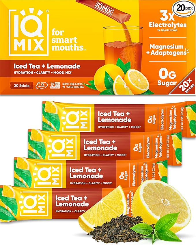 IQMIX Hydration Electrolyte Powder – 4-in-1 Formula for Hydration, Mental Clarity, Mood and Recovery – Sugar-Free Drink Mix, Keto, Magnesium L-Threonate, Lion’s Mane – 20 Count New Iced Tea Lemonade
