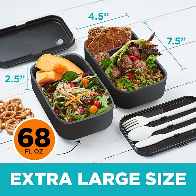 Double Premium Bento Box Adult, 67 fl oz BPA-Free - Black Stackable Lunch Box with Leak-Proof Lids & Dividers, Perfect for Meal Prep, Lunches & Portion Control