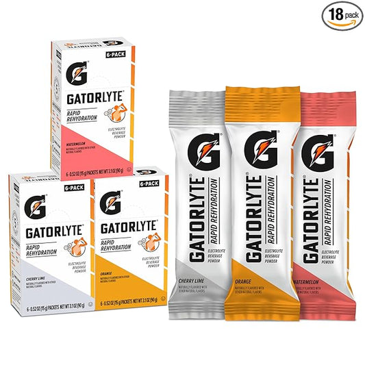 Gatorlyte Rapid Rehydration Electrolyte Beverage, Variety Pack, Lower Sugar, Specialized Blend of 5 Electrolytes, No Artificial Sweeteners or Flavors, 18 pack, 1 pack mixes with 16.9oz (500ml) water