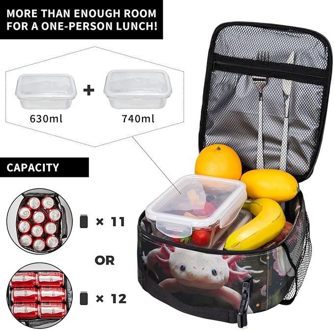 Insulated Lunch Box for Women Men, Pink Axolotl Theme Lunch Box Reusable Portable Lunch Bag Cooler Tote Waterproof Lunch Container for Office Picnic Work Travel
