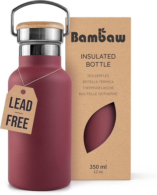 Bambaw 12 oz Insulated Water Bottle with Handle, Wide Mouth Insulated Water Bottle Red, Stainless Steel Water Bottle, Metal Water Bottle Double Wall Insulated, Small Water Bottle Reusable – Red Berry